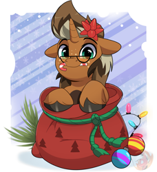 Size: 3079x3379 | Tagged: safe, artist:joaothejohn, imported from derpibooru, oc, oc only, oc:macchiato, pony, unicorn, candy, candy cane, christmas, christmas lights, commission, cute, floppy ears, food, glasses, holiday, horn, looking at you, mouth hold, passepartout, santa sack, unicorn oc, unshorn fetlocks, ych result