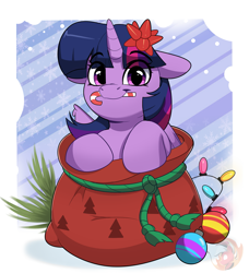 Size: 3079x3379 | Tagged: safe, alternate version, artist:joaothejohn, imported from derpibooru, twilight sparkle, alicorn, pony, alternate character, candy, candy cane, christmas, christmas lights, commission, cute, female, floppy ears, food, holiday, horn, looking at you, mare, mouth hold, multicolored hair, santa sack, twilight sparkle (alicorn), ych result