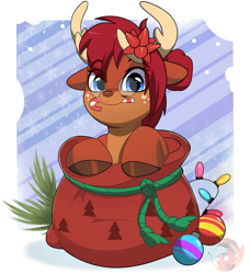 Size: 3079x3379 | Tagged: safe, artist:joaothejohn, imported from derpibooru, oc, oc only, deer, candy, candy cane, christmas, christmas lights, commission, cute, deer oc, floppy ears, food, glasses, holiday, horn, looking at you, mouth hold, non-pony oc, santa sack, ych result