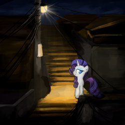 Size: 3000x3000 | Tagged: safe, artist:widelake, imported from derpibooru, rarity, pony, unicorn, female, horn, mare, night, outdoors, solo, stairs, streetlight