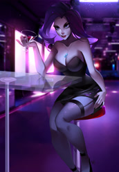 Size: 3937x5713 | Tagged: safe, artist:hattikey, imported from derpibooru, rarity, human, absurd resolution, alcohol, breasts, cleavage, clothes, cocktail, dress, drink, female, garter belt, holding, humanized, indoors, jewelry, leaning, looking at you, necklace, nightclub, sitting, socks, solo, stockings, stool, table, thigh highs