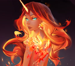 Size: 4685x4134 | Tagged: safe, artist:hattikey, imported from derpibooru, sunset shimmer, human, phoenix, absurd resolution, bust, ear piercing, earring, female, fire, glowing, glowing horn, horn, horned humanization, humanized, jewelry, looking back, nudity, piercing, solo