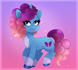 Size: 2106x1914 | Tagged: safe, artist:emera33, imported from derpibooru, pony, unicorn, cute, eye clipping through hair, female, freckles, g5, gradient background, horn, lidded eyes, looking at you, mare, misty brightdawn, mistybetes, rebirth misty, solo, standing on two hooves, tongue out, unshorn fetlocks