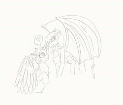 Size: 2037x1733 | Tagged: safe, artist:creamecream, imported from derpibooru, princess flurry heart, oc, oc:juliet, alicorn, dracony, dragon, hybrid, pony, duo, heart, height difference, interspecies offspring, offspring, older, older flurry heart, parent:rarity, parent:spike, parents:sparity, pencil drawing, speech bubble, spoken heart, traditional art