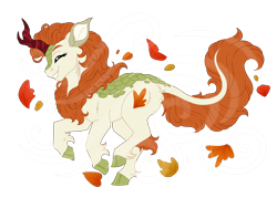 Size: 6000x4500 | Tagged: safe, artist:azure-art-wave, imported from derpibooru, autumn blaze, kirin, eyes closed, female, grin, leaves, running, simple background, smiling, solo, transparent background