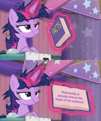 Size: 443x531 | Tagged: safe, edit, edited screencap, imported from derpibooru, screencap, twilight sparkle, alicorn, pony, unicorn, a trivial pursuit, bell, book, facts, female, glowing, glowing horn, horn, magic, mare, meme, messy hair, messy mane, my little pony, smart, solo, twilight sparkle (alicorn), wednesday, weekend