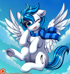 Size: 2024x2124 | Tagged: safe, artist:pridark, imported from derpibooru, oc, oc only, pegasus, pony, :p, clothes, giveaway, hooves, one eye closed, outdoors, patreon, patreon logo, scarf, solo, striped scarf, tongue out, wings, wink, winner