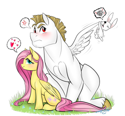 Size: 1400x1300 | Tagged: safe, artist:dragonfoxgirl, imported from derpibooru, angel bunny, bulk biceps, fluttershy, pegasus, pony, rabbit, animal, blushing, female, flutterbulk, handsome hunky bulky, larger male, male, mare, overprotective, shipping, simple background, size difference, smaller female, stallion, straight, transparent background