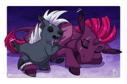 Size: 1413x936 | Tagged: safe, artist:inuhoshi-to-darkpen, imported from derpibooru, grubber, tempest shadow, classical unicorn, hedgehog, pony, unicorn, my little pony: the movie, behaving like a dog, broken horn, cloven hooves, drool, duo, eye scar, eyes closed, facial scar, female, horn, leonine tail, male, mare, open mouth, scar, sleeping, tail, unshorn fetlocks