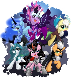 Size: 2900x3200 | Tagged: safe, artist:geraritydevillefort, imported from derpibooru, applejack, discord, fluttershy, king sombra, lord tirek, nightmare moon, pinkie pie, queen chrysalis, rainbow dash, rarity, sci-twi, twilight sparkle, pony, equestria girls, clothes, cosplay, costume, female, mane six, mare, midnight sparkle, redraw, simple background, transparent background