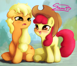 Size: 2031x1728 | Tagged: safe, artist:sverre93, imported from derpibooru, apple bloom, applejack, earth pony, pony, :d, accessory swap, apple sisters, blushing, female, filly, floppy ears, foal, mare, open mouth, open smile, siblings, sisters, sitting, smiling