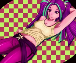 Size: 1500x1250 | Tagged: safe, artist:kuya64, imported from derpibooru, aria blaze, human, equestria girls, armpits, belly, breasts, checkered background, cleavage, clothes, female, lying down, midriff, on back, pigtails, sassy, solo, tanktop, twintails