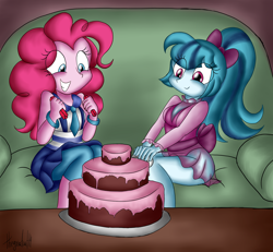 Size: 1350x1250 | Tagged: safe, artist:queentigrel, imported from derpibooru, pinkie pie, sonata dusk, equestria girls, bow, cake, candle, clothes, couch, duo, food, hair bow, see-through, sleeping pills