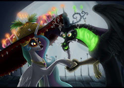 Size: 3000x2121 | Tagged: safe, artist:hecatehell, imported from derpibooru, discord, princess celestia, alicorn, pony, book of life, candle, dia de los muertos, dislestia, face paint, female, horn, la muerte, male, shipping, straight, the book of life, wings, xibalba