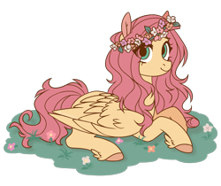 Size: 1530x1288 | Tagged: safe, artist:lynesssan, imported from derpibooru, fluttershy, pegasus, pony, colored hooves, cute, daaaaaaaaaaaw, female, floral head wreath, flower, hooves, leg fluff, lying down, mare, no catchlights, prone, shyabetes, solo