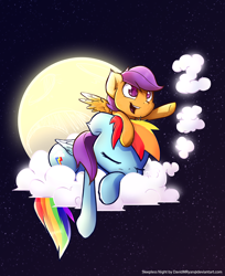 Size: 1200x1474 | Tagged: safe, artist:davidmryan, imported from derpibooru, rainbow dash, scootaloo, backlighting, cloud, onomatopoeia, scootalove, sleeping, sound effects, surreal, zzz