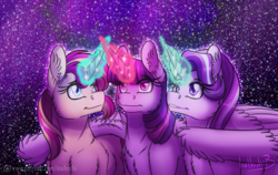 Size: 1182x747 | Tagged: safe, artist:inuhoshi-to-darkpen, imported from derpibooru, starlight glimmer, sunset shimmer, twilight sparkle, alicorn, pony, unicorn, counterparts, female, glowing, glowing horn, horn, magic, magic aura, mare, patreon, patreon logo, signature, stars, trio, twilight sparkle (alicorn), twilight's counterparts