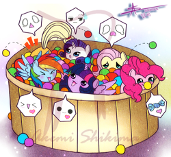 Size: 1200x1100 | Tagged: safe, artist:akemishikima, artist:shikimaakemi, imported from derpibooru, applejack, fluttershy, pinkie pie, rainbow dash, rarity, twilight sparkle, alicorn, earth pony, pegasus, pony, unicorn, ball pit, female, horn, mare, my little squishy, obtrusive watermark, twilight sparkle (alicorn), watermark