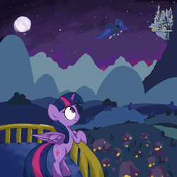 Size: 3000x3000 | Tagged: safe, artist:widelake, imported from derpibooru, princess luna, twilight sparkle, alicorn, pony, balcony, canterlot, duo, duo female, female, leaning, mare, moon, night, outdoors, ponyville, twilight sparkle (alicorn), twilight's castle