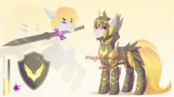 Size: 3569x2000 | Tagged: safe, artist:vitani, imported from derpibooru, oc, oc only, earth pony, pony, armor, ear fluff, helmet, male, open mouth, reference sheet, scar, stallion, sword, weapon