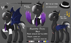 Size: 2886x1744 | Tagged: safe, artist:vitani, imported from derpibooru, oc, oc only, oc:shadow dash, alicorn, bat pony, bat pony alicorn, pony, bat wings, claws, clothes, ear piercing, ear tufts, earring, hat, horn, jewelry, magic, male, necktie, piercing, reference sheet, solo, stallion, sword, waistcoat, weapon, wings