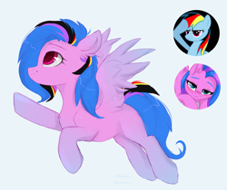 Size: 2352x1980 | Tagged: safe, artist:vitani, imported from derpibooru, rainbow dash, oc, pegasus, pony, alternate mane color, blushing, female, flying, looking at you, mare, seductive, simple background, smiling, solo, spread wings, white background, wings