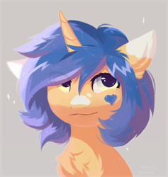 Size: 1893x2000 | Tagged: safe, artist:vitani, imported from derpibooru, oc, oc only, pony, unicorn, bust, chest fluff, eyebrows, eyebrows visible through hair, female, gray background, horn, mare, portrait, simple background, smiling, solo