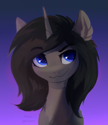 Size: 1587x1835 | Tagged: safe, artist:vitani, imported from derpibooru, oc, oc only, pony, unicorn, bust, ear fluff, eyebrows, eyebrows visible through hair, female, gradient background, horn, mare, smiling, solo