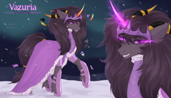 Size: 3500x2000 | Tagged: safe, artist:vitani, imported from derpibooru, oc, oc only, oc:vazuria, pony, unicorn, armor, cloak, clothes, fangs, horn, horns, male, smiling, snow, snowfall, solo, sombra eyes, stallion