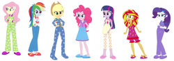 Size: 1280x452 | Tagged: safe, artist:diana173076, artist:selenaede, imported from derpibooru, applejack, fluttershy, pinkie pie, rainbow dash, rarity, sci-twi, sunset shimmer, twilight sparkle, human, equestria girls, alternate universe, base used, clothes, female, footed sleeper, footie pajamas, humane five, humane seven, humane six, nightgown, onesie, pajamas, simple background, slippers, white background