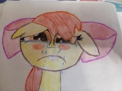 Size: 4096x3072 | Tagged: safe, artist:victoric1993, imported from derpibooru, apple bloom, earth pony, pony, call of the cutie, 1000 hours with paper and pencils, blushing, crying, female, filly, foal, high res, my little pony, ribbon, solo, teary eyes, traditional art