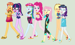 Size: 1149x695 | Tagged: safe, artist:diana173076, imported from derpibooru, applejack, fluttershy, pinkie pie, rainbow dash, rarity, sci-twi, sunset shimmer, twilight sparkle, human, equestria girls, applejack's beach shorts swimsuit, barefoot, base used, belly, belly button, bikini, clothes, feet, female, flip-flops, fluttershy's wetsuit, glasses, hat, humane five, humane seven, humane six, jewelry, one-piece swimsuit, piercing, pinkie pie swimsuit, rainbow dash's beach shorts swimsuit, rarity's blue sarong, rarity's purple bikini, sandals, sarong, sci-twi swimsuit, simple background, sun hat, sunset shimmer swimsuit, swimsuit, tickling, wetsuit, white background