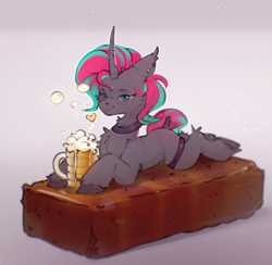 Size: 2064x2018 | Tagged: safe, artist:itssim, imported from derpibooru, oc, oc only, oc:synthie glitch, bat pony, bat pony unicorn, hybrid, unicorn, alcohol, beer, beer mug, blue eyes, blushing, bread, butt blush, chest fluff, choker, curved horn, drink, drunk, drunk bubbles, ear piercing, ear tufts, earring, emanata, female, food, gift art, gradient background, horn, jewelry, leg band, lying, lying down, mare, piercing, prone, snack, solo, sploot, tail, tail wrap, unshorn fetlocks