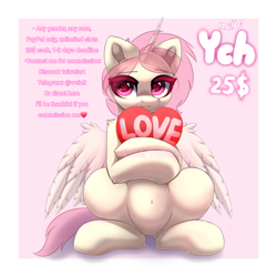 Size: 3000x3000 | Tagged: safe, artist:taiweiart, imported from derpibooru, oc, alicorn, bat pony, pegasus, pony, unicorn, advertisement, any gender, any race, any species, auction, commission, commission info, heart, heart eyes, hearts and hooves day, holding heart, holiday, horn, love, passepartout, pastel, pink, pink eyelashes, pink eyes, pink hair, pink mane, sale, solo, unlimited ych, valentine's day, wingding eyes, yellow pony, your character here