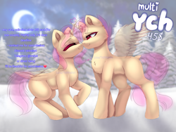 Size: 4000x3000 | Tagged: safe, artist:taiweiart, imported from derpibooru, oc, alicorn, bat pony, pegasus, pony, unicorn, derpibooru, any race, any species, best pone, boop, commission, couple, cute, detailed background, full body, full shading, heart, heart eyes, hearth's warming, hearts and hooves day, horn, horns, kiss on the lips, kissing, love, meta, moon, night, night background, noseboop, outdoors, pink eyes, pink hair, pink mane, pone, snow, tags, unlimited ych, wide eyes, wingding eyes, wings, winter, yellow pony, your character here