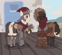 Size: 4096x3620 | Tagged: safe, artist:toffee_32, imported from derpibooru, earth pony, pegasus, armor, caesar's legion, clothes, fallout, fallout: new vegas, goggles, helmet, mask, outdoors, plushie, scar, teddy bear, video game crossover