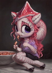 Size: 850x1200 | Tagged: safe, artist:assasinmonkey, imported from derpibooru, oc, oc only, oc:nautila, anthro, nautilus, nautilus pony, shrimp, unguligrade anthro, anthro oc, clothes, digital painting, eating, female, shirt, shorts, sitting, solo, t-shirt, tentacle hair, tentacles, younger