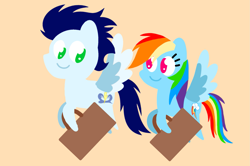 Size: 1935x1285 | Tagged: safe, anonymous artist, derpibooru exclusive, imported from derpibooru, rainbow dash, soarin', pegasus, pony, series:soarindash honeymoon, series:soarindash romantic tales, bag, duo, duo male and female, female, flying, looking at each other, looking at someone, male, mare, pointy ponies, shipping, smiling, smiling at each other, soarindash, stallion, straight