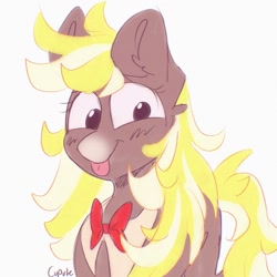 Size: 2000x2000 | Tagged: safe, artist:cupute, imported from derpibooru, oc, oc only, oc:french fry grease, earth pony, pony, :p, big ears, black sclera, blush lines, blushing, bowtie, brown coat, clothes, collar, ear fluff, earth pony oc, female, fluffy mane, gradient muzzle, halfbody, happy, joy, looking at you, messy mane, multicolored hair, png, simple, simple background, simple shading, smiling, smiling at you, solo, tail, tongue out, white background, white mane, white tail, wild manes, wild manes oc, yellow mane, yellow tail