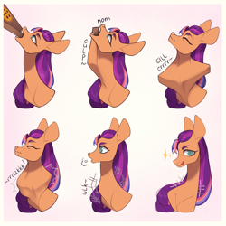 Size: 4000x4000 | Tagged: safe, artist:meggychocolatka, imported from derpibooru, sunny starscout, earth pony, pony, 6 panel comic, alicorn metabolism, behaving like a snake, bust, cartoon logic, cartoon physics, colored, comic, commission, commissioner:princess, eating, eyebrows, female, food, g5, impossible fit, licking, licking lips, long mane, looking at you, mane stripe sunny, mare, motion lines, no source available, object vore, onomatopoeia, pizza, pizza box, portrait, satisfied, shading, slender, solo, swallowing, thin, throat bulge, tongue out, wat