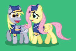 Size: 768x512 | Tagged: safe, artist:alumina nitride, imported from derpibooru, derpy hooves, fluttershy, pegasus, clothes, digital art, female, mare, pixel art, simple background, steam delivery girl