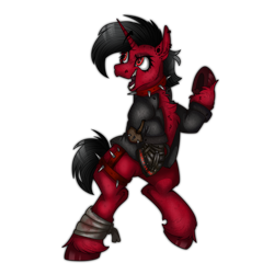 Size: 2300x2300 | Tagged: safe, artist:molars, imported from derpibooru, oc, oc only, oc:bloodbath, pony, unicorn, fallout equestria, ashes town, bandage, bipedal, black mane, blood, clothes, collar, commission, female, horn, lip piercing, lip ring, mare, piercing, power fist, red eyes, red fur, short mane, simple background, smiling, solo, spiked collar, spikes, standing on two hooves, teeth, transparent background, unshorn fetlocks