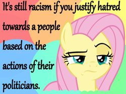 Size: 1455x1080 | Tagged: safe, imported from derpibooru, fluttershy, pegasus, pony, she talks to angel, abstract background, comments locked down, eyebrows, female, fluttershy is not amused, frown, lidded eyes, looking at you, mare, mouthpiece, my little pony, politics, racism, raised eyebrow, solo, unamused