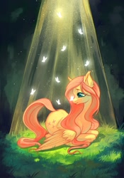 Size: 1431x2048 | Tagged: safe, artist:murimio_, imported from derpibooru, fluttershy, butterfly, pegasus, pony, butterfly on nose, crepuscular rays, female, grass, insect on nose, lidded eyes, lying down, mare, outdoors, prone, smiling, solo, wings