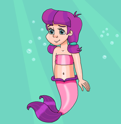 Size: 904x926 | Tagged: safe, artist:ocean lover, imported from derpibooru, lily longsocks, human, mermaid, bandeau, bare shoulders, bashful, belly, belly button, blue eyes, bubble, child, cute, fins, fish tail, happy, humanized, innocent, light skin, mermaid tail, mermaidized, midriff, ms paint, ocean, pigtails, purple hair, smiling, species swap, swimming, tail, tail fin, teal eyes, two toned hair, underwater, water