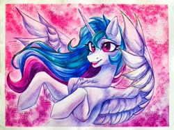 Size: 3919x2924 | Tagged: safe, artist:jsunlight, imported from derpibooru, princess celestia, alicorn, pony, chest fluff, horn, looking at you, open mouth, open smile, passepartout, smiling, smiling at you, solo, spread wings, traditional art, watercolor painting, wings