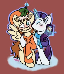 Size: 2455x2830 | Tagged: safe, artist:bloodysticktape, imported from derpibooru, rarity, oc, oc:burger bee, pegasus, unicorn, canon x oc, christmas, clothes, duo, holiday, horn, kissing, mistletoe, phone, scarf, shipping, striped scarf