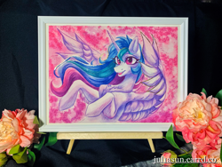 Size: 4032x3024 | Tagged: safe, artist:jsunlight, imported from derpibooru, princess celestia, alicorn, pony, chest fluff, craft, horn, looking at you, open mouth, open smile, smiling, smiling at you, solo, spread wings, traditional art, watercolor painting, wings