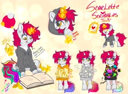 Size: 2717x2016 | Tagged: safe, artist:thehaywaiianhorse, imported from derpibooru, oc, oc:scarlette scribbles, pony, unicorn, banana, book, clothes, female, food, hoodie, horn, mare, reference sheet, solo