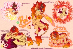 Size: 1800x1200 | Tagged: safe, artist:thehaywaiianhorse, imported from derpibooru, oc, oc:rei, oc:tamale, kirin, manticore, nirik, cloven hooves, female, fire, fire breath, glowing, glowing eyes, reference sheet